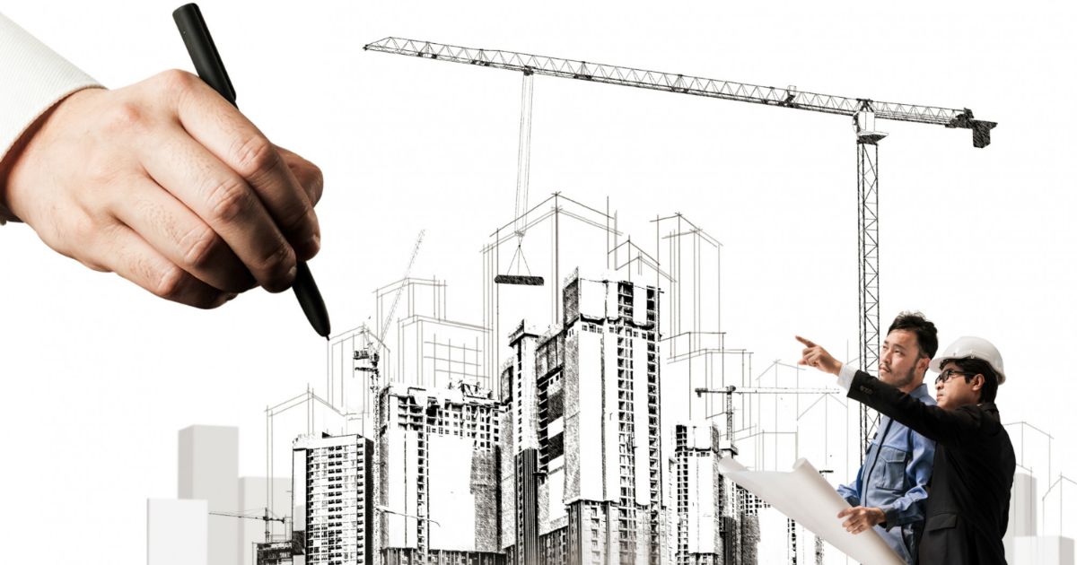 Architects planning a construction project, with a large hand sketching building designs in the background, representing collaboration and architectural design.
