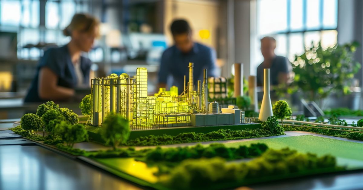 Scaled model of eco-friendly industrial park with green areas and sustainable infrastructure.