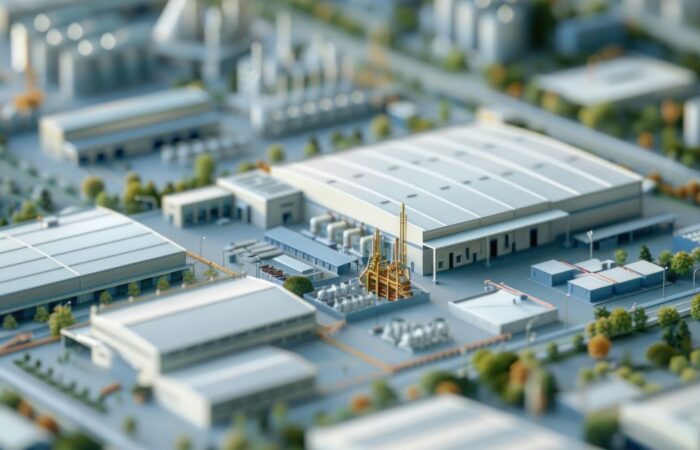 Scalable multi-tenant industrial estate layout with shared infrastructure and diverse facilities.