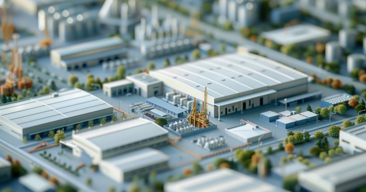 Scalable multi-tenant industrial estate layout with shared infrastructure and diverse facilities.