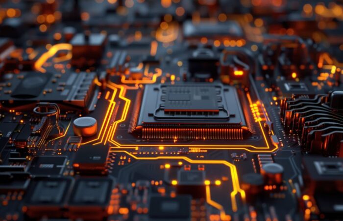 Detailed view of a microchip circuit board reflecting semiconductor plant design essentials in action.