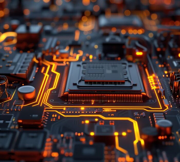 Detailed view of a microchip circuit board reflecting semiconductor plant design essentials in action.