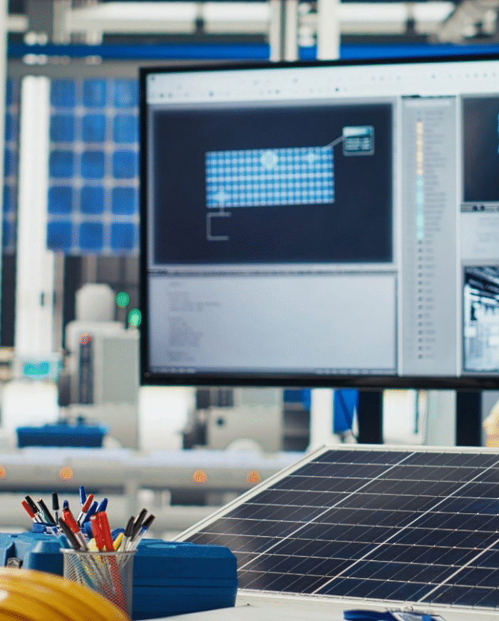 Computer screen showing solar cell plant layout in a modern industrial space with manufacturing tools