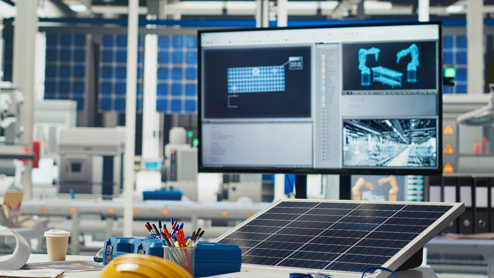 Computer screen showing solar cell plant layout in a modern industrial space with manufacturing tools