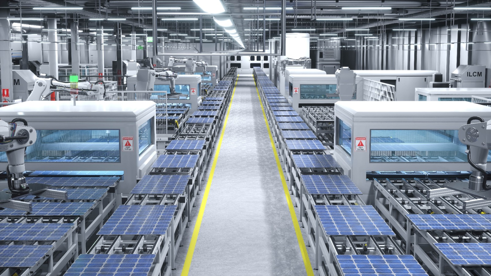 High-tech solar factory in India showing robotic arms assembling panels on a modern production line