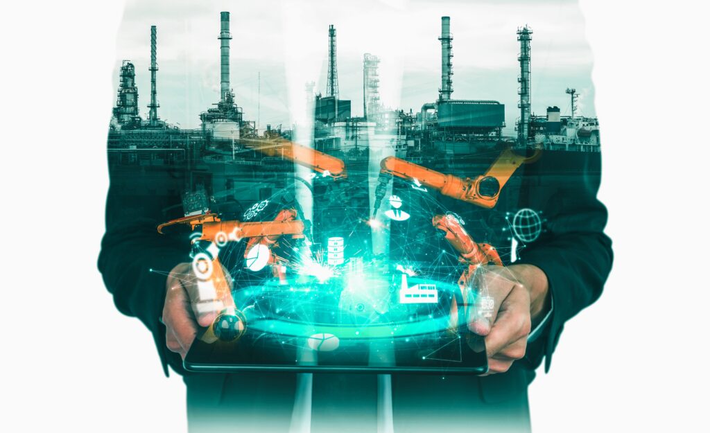 Industrial project efficiency with robotic arms and smart factory systems for automated production success