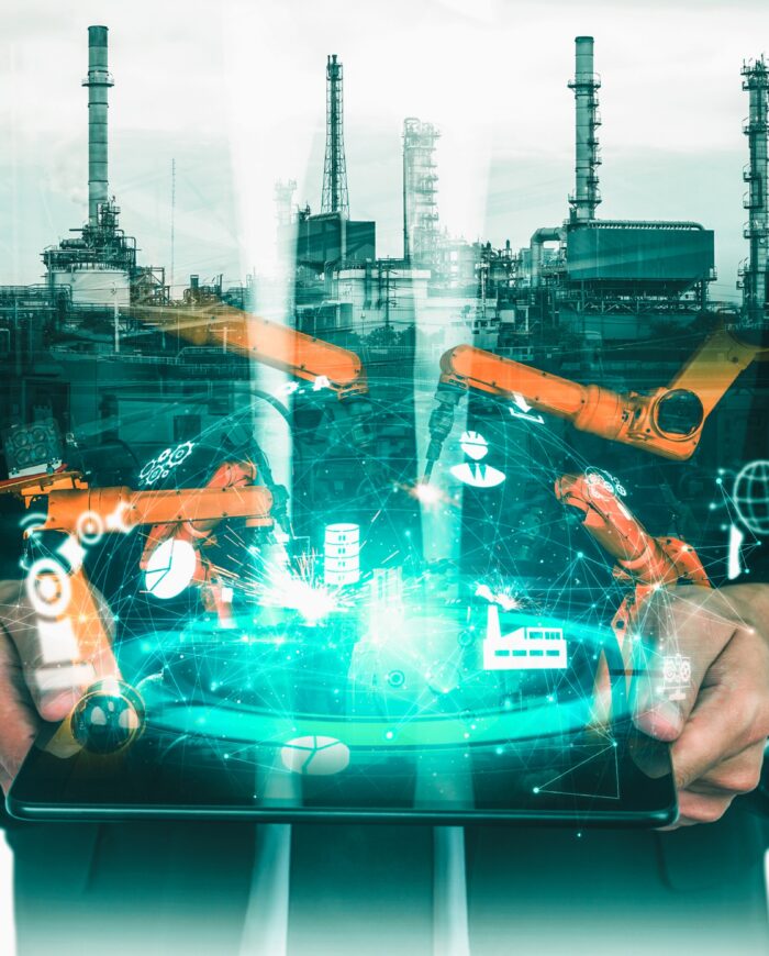 Industrial project efficiency with robotic arms and smart factory systems for automated production success