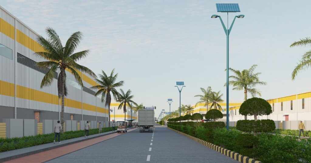 Resilient industrial park with palm trees, solar street lights, clean road, and sustainable infrastructure