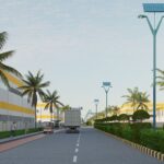 Resilient industrial park with palm trees, solar street lights, clean road, and sustainable infrastructure
