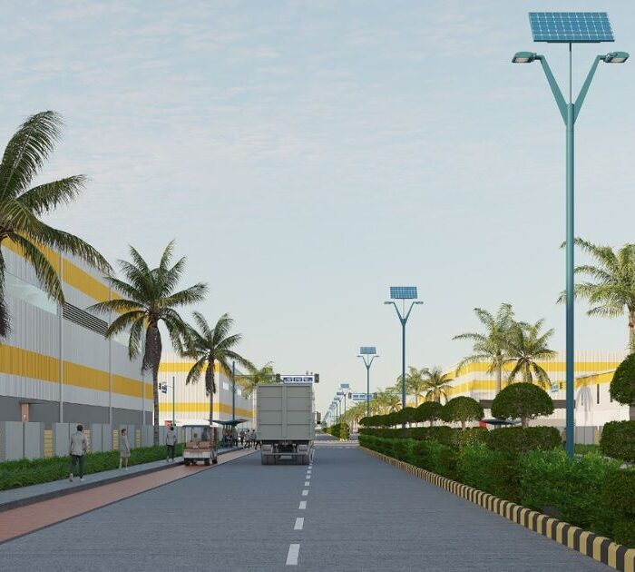 Resilient industrial park with palm trees, solar street lights, clean road, and sustainable infrastructure