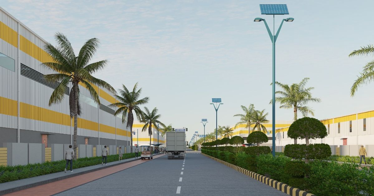 Resilient industrial park with palm trees, solar street lights, clean road, and sustainable infrastructure