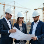 Industrial developers in hard hats reviewing blueprints on-site, focusing on key planning signals.