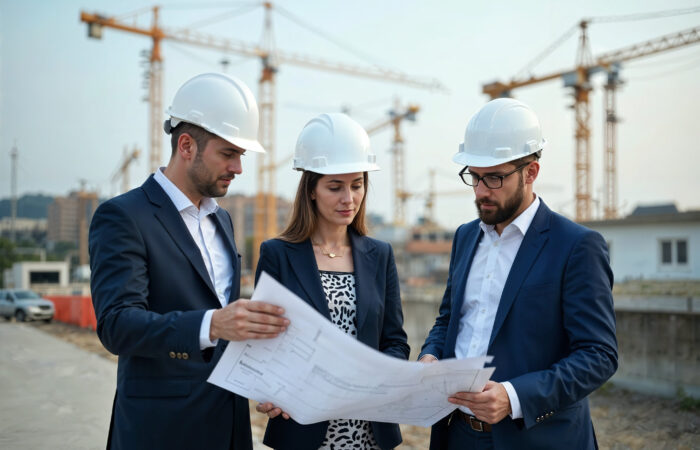 Industrial developers in hard hats reviewing blueprints on-site, focusing on key planning signals.