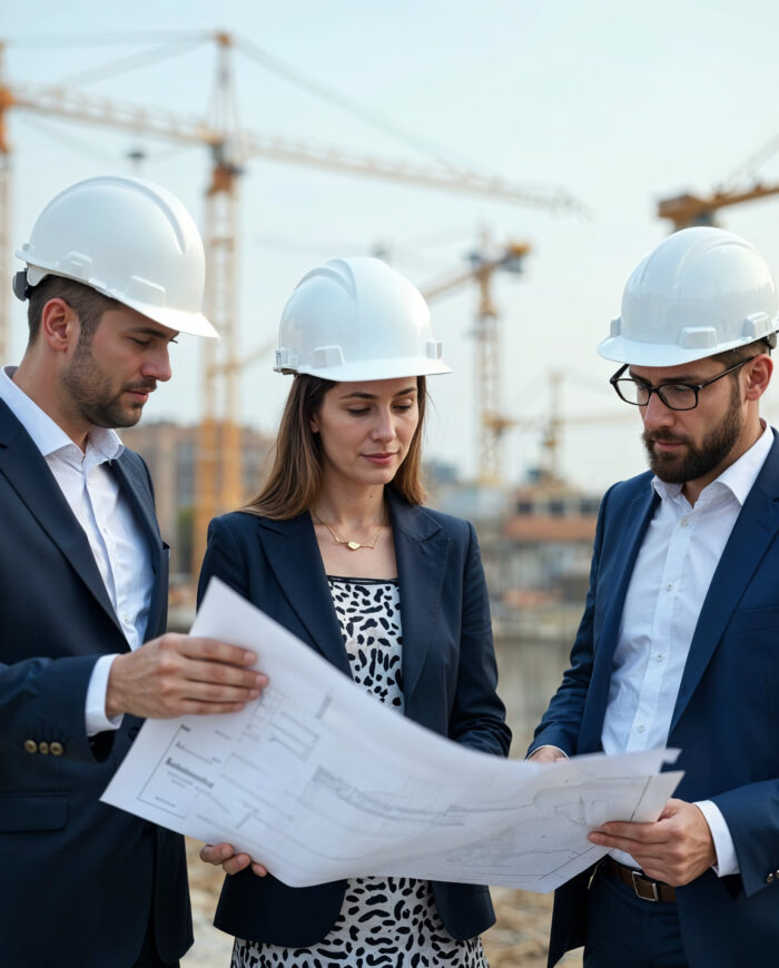 Industrial developers in hard hats reviewing blueprints on-site, focusing on key planning signals.