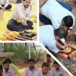 Bhoomi Poojan ceremony. A team of engineers and priests perform rituals for a new industrial manufacturing unit.