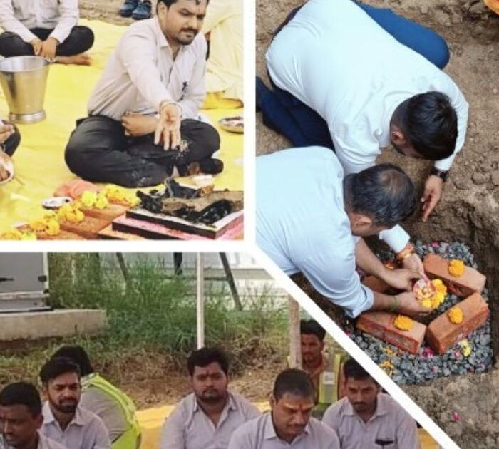 Bhoomi Poojan ceremony. A team of engineers and priests perform rituals for a new industrial manufacturing unit.