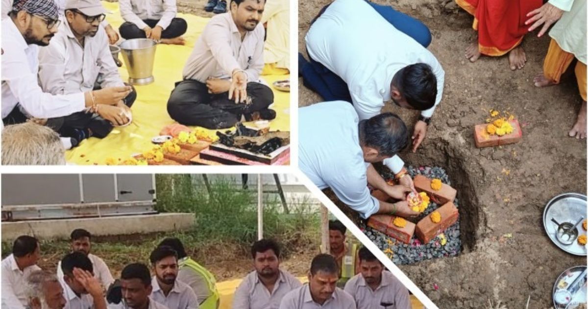 Bhoomi Poojan ceremony. A team of engineers and priests perform rituals for a new industrial manufacturing unit.